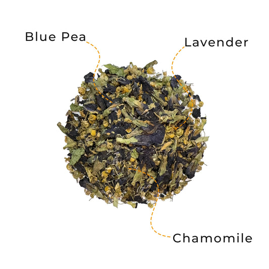 Rest & Slow loose leaf herbal tea by Innofus for sleep and stress relief, calming blend with lavender, chamomile, blue pea; nighttime mood, steaming tea cup, candle, flowers and “Sip slow, stress no” tag.