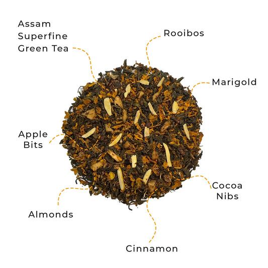 Rooigasm tea blend by Innofus in airtight tin, rooibos and Assam green tea, almonds, cocoa nibs, marigold, relaxing herbal loose leaf