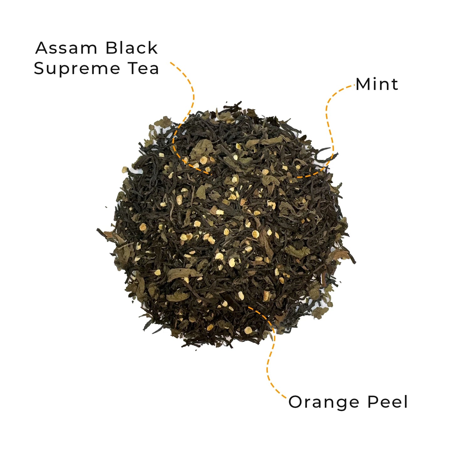 Chill Peel Assam black tea blend with mint and orange peel by Innofus; loose leaf, full-leaf ingredients visible; antioxidant, digestion, and refreshing citrus flavor.