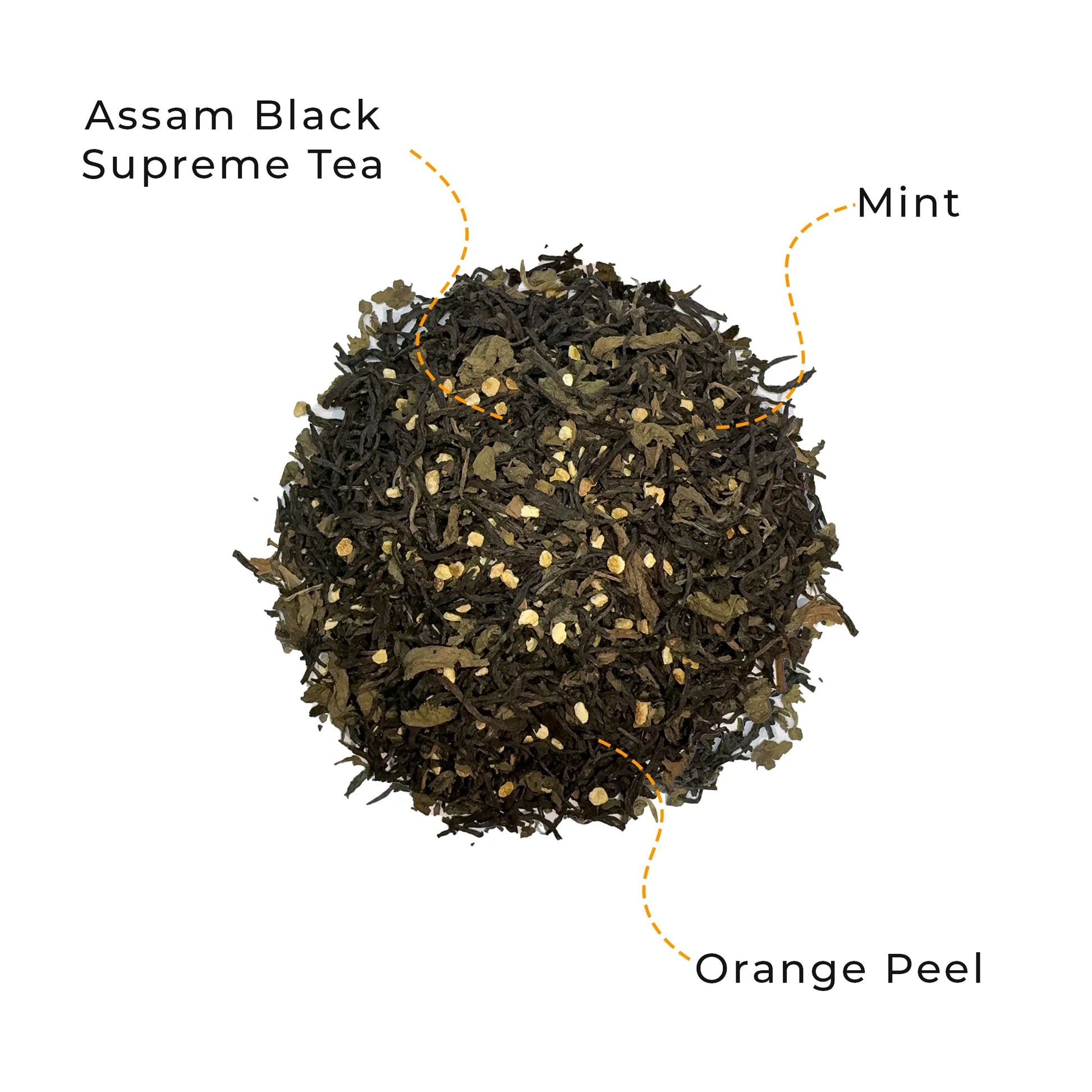 Chill Peel Assam black tea blend with mint and orange peel by Innofus; loose leaf, full-leaf ingredients visible; antioxidant, digestion, and refreshing citrus flavor.