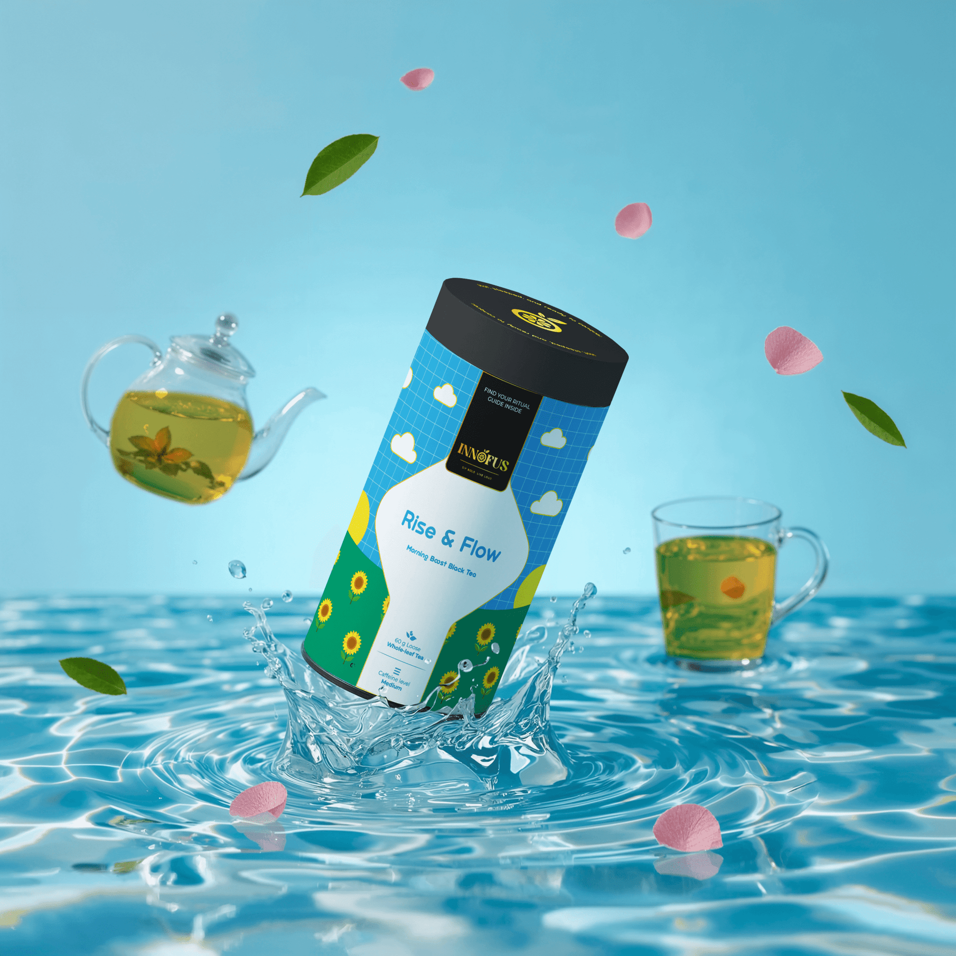 Rise & Flow morning black tea by Innofus, peach rose jasmine blend in bright blue tin, glass teapot and tea cup, splashing water, floating petals for energizing and creative start.