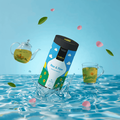 Rise & Flow morning black tea by Innofus, peach rose jasmine blend in bright blue tin, glass teapot and tea cup, splashing water, floating petals for energizing and creative start.