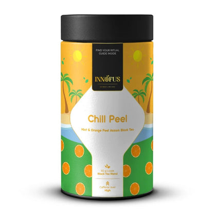 Chill Peel by Innofus – airtight tin of mint orange Assam black tea with fresh leaves, white teacup, and infographics of freshness, aroma, sustainability, whole-leaf protection.