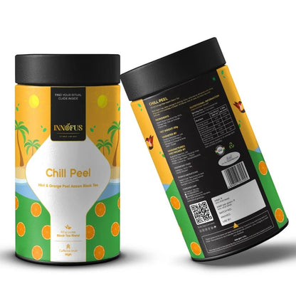 Chill Peel by Innofus – airtight tin of mint orange Assam black tea with fresh leaves, white teacup, and infographics of freshness, aroma, sustainability, whole-leaf protection.