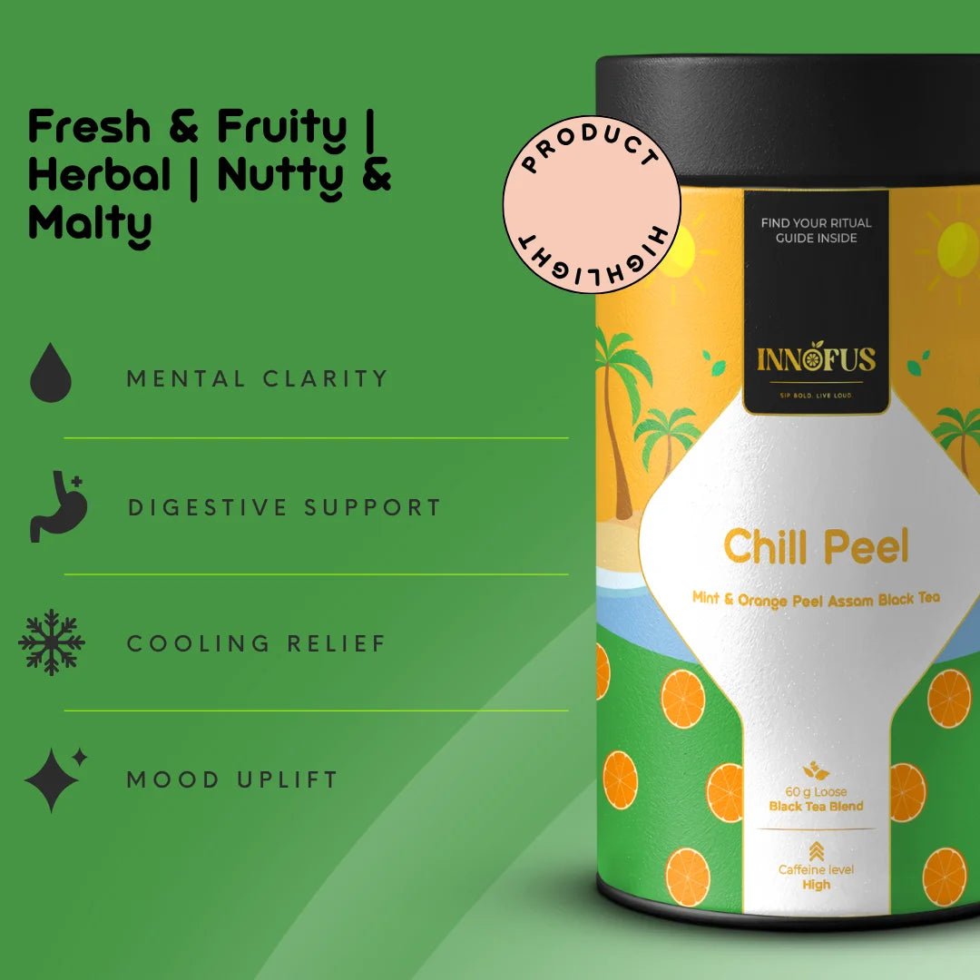 Chill Peel by Innofus mint orange Assam black tea tin, product highlight with fresh fruity, herbal, nutty, malty flavor profile, benefits icons for mental clarity, digestion, cooling, mood uplift.