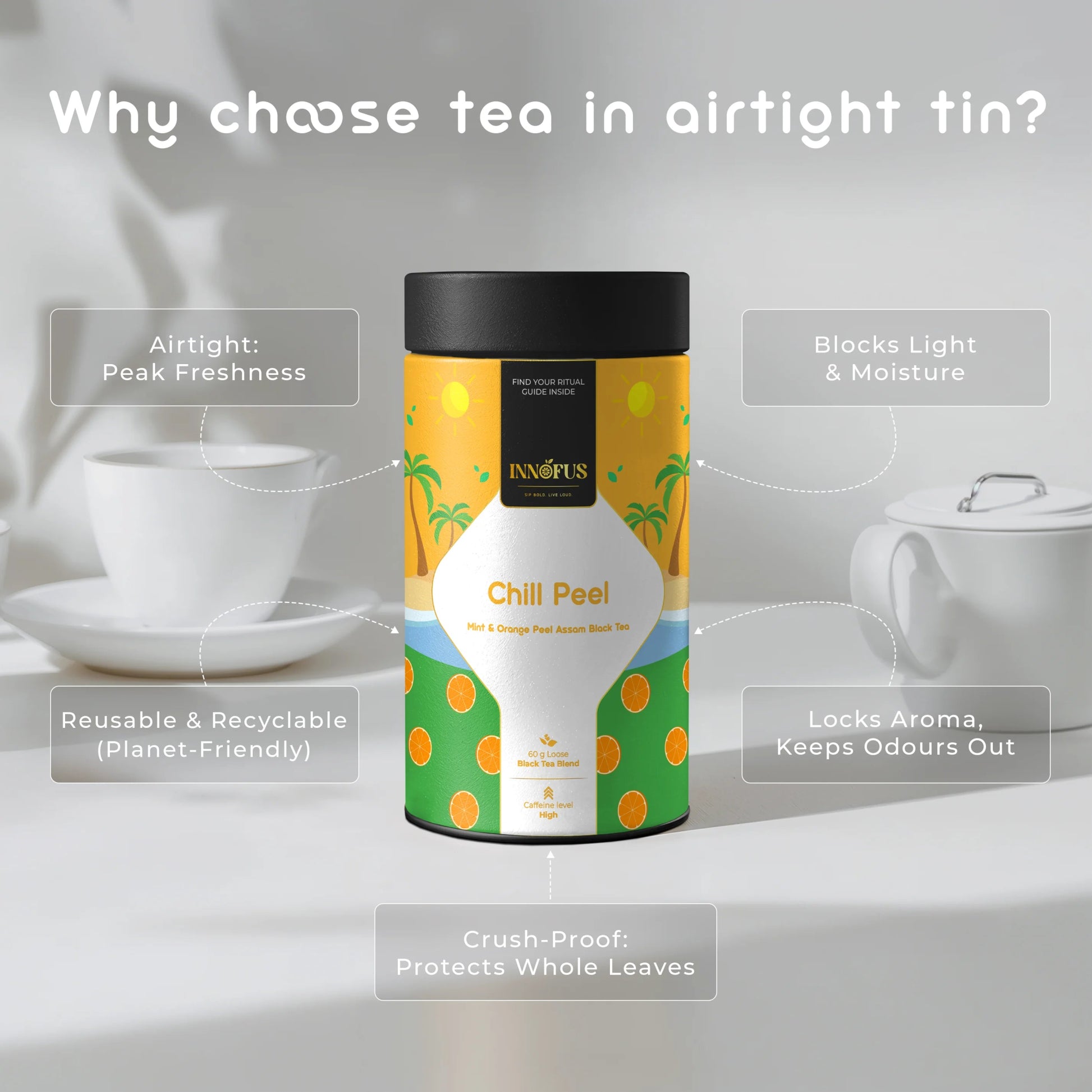 Chill Peel by Innofus – airtight tin of mint orange Assam black tea with fresh leaves, white teacup, and infographics of freshness, aroma, sustainability, whole-leaf protection.