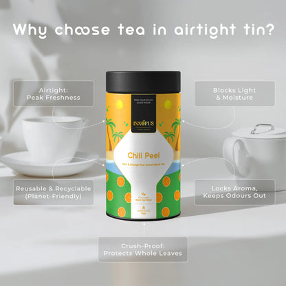 Chill Peel by Innofus – airtight tin of mint orange Assam black tea with fresh leaves, white teacup, and infographics of freshness, aroma, sustainability, whole-leaf protection.