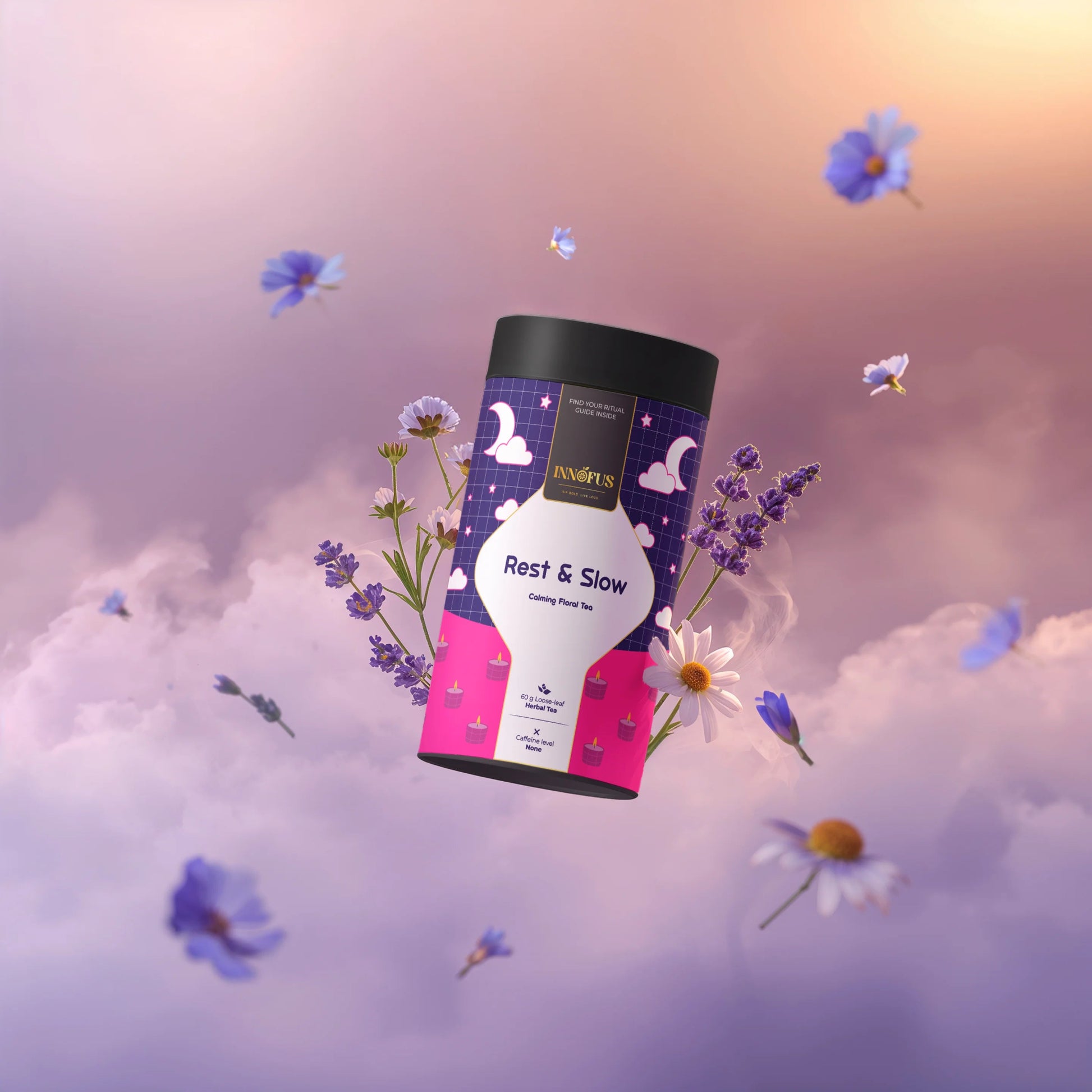 Rest & Slow calming floral tea by Innofus, caffeine-free blend with blue pea, lavender, chamomile, floating flowers and purple-pink tin on dreamy cloud background for sleep and relaxation.
