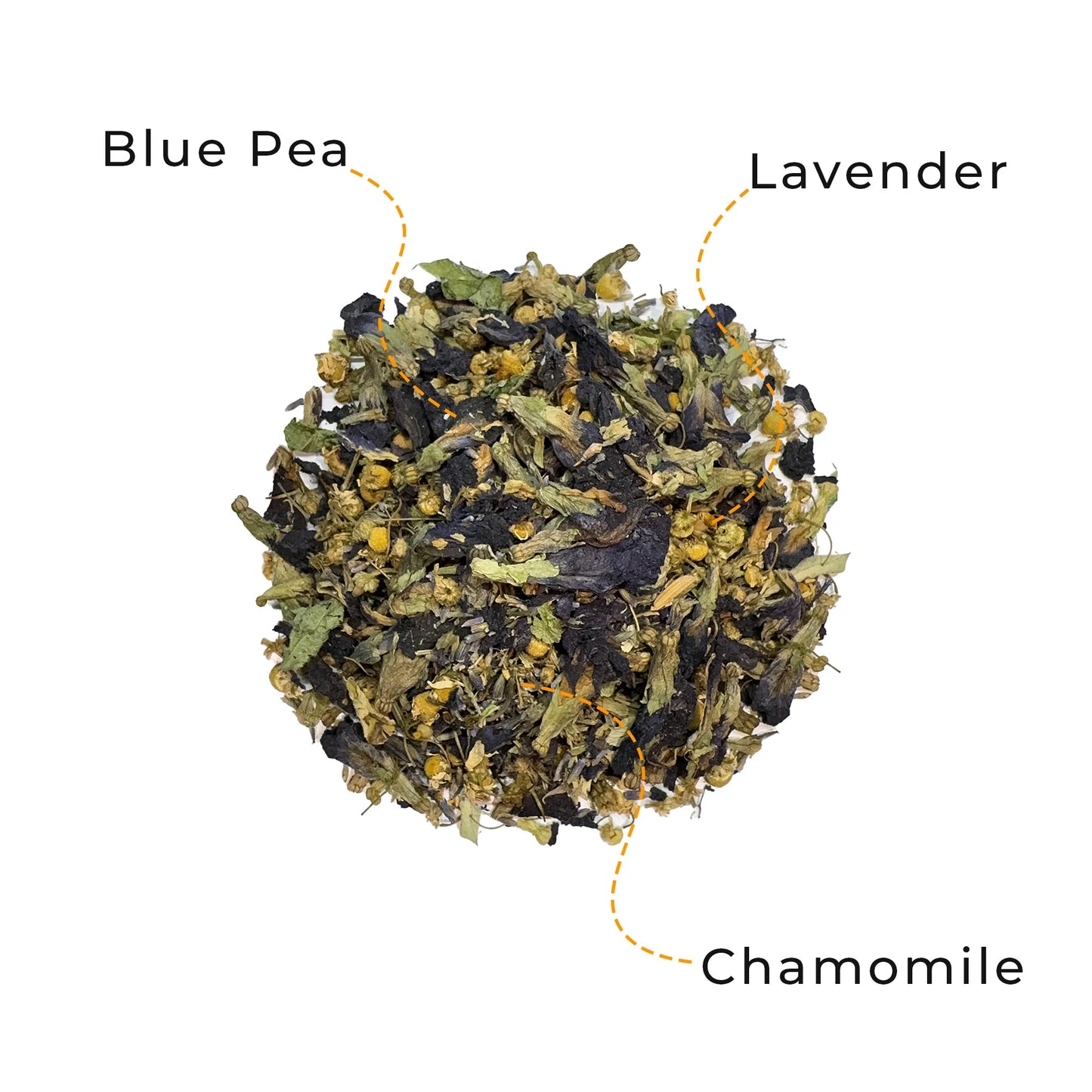 Rest & Slow loose leaf herbal tea by Innofus for sleep and stress relief, calming blend with lavender, chamomile, blue pea; nighttime mood, steaming tea cup, candle, flowers and “Sip slow, stress no” tag.