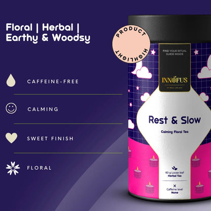 Rest & Slow calming floral tea by Innofus, caffeine-free blend with blue pea, lavender, chamomile; purple and pink tin, product highlight for calm, floral, sweet finish, mood support.