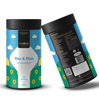 Rise & Flow morning boost black tea by Innofus, loose leaf blend in blue sunflower tin, product front and back, ingredient, nutrition, and barcode details, white background for ecommerce SEO.