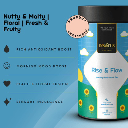 Rise & Flow black tea by Innofus, nutty malty floral fresh fruity blend, high antioxidant, mood boost, peach and floral fusion, loose leaf tea in blue sunflower tin, product highlight chart.
