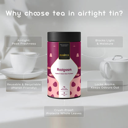 Rooigasm by Innofus, rooibos and Assam green tea blend in airtight tin, peak freshness, planet-friendly, blocks light, reusable packaging, protects whole leaves, teacup and white background.