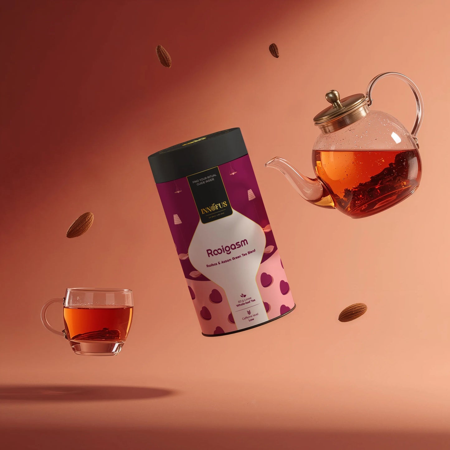 Rooigasm tea blend by Innofus – Assam green tea, rooibos, marigold, apple bits, cinnamon, cocoa nibs, almonds, vanilla flavour – rich antioxidant loose leaf in airtight tin