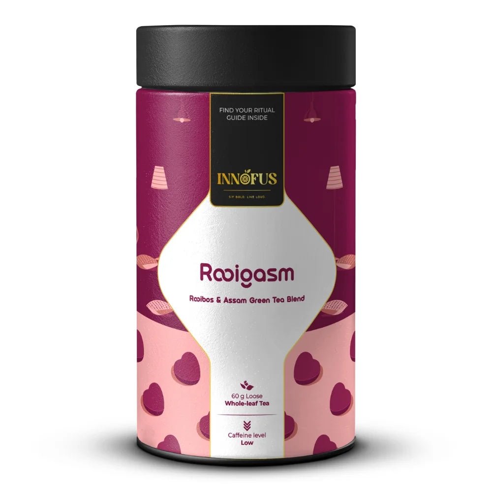 Rooigasm tea blend by Innofus, sweet decadent fresh fruity nutty malty flavor, antioxidant boost, craving control, dessert-inspired wellness, mood uplift in low caffeine loose leaf tea.