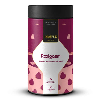 Rooigasm tea blend by Innofus, sweet decadent fresh fruity nutty malty flavor, antioxidant boost, craving control, dessert-inspired wellness, mood uplift in low caffeine loose leaf tea.