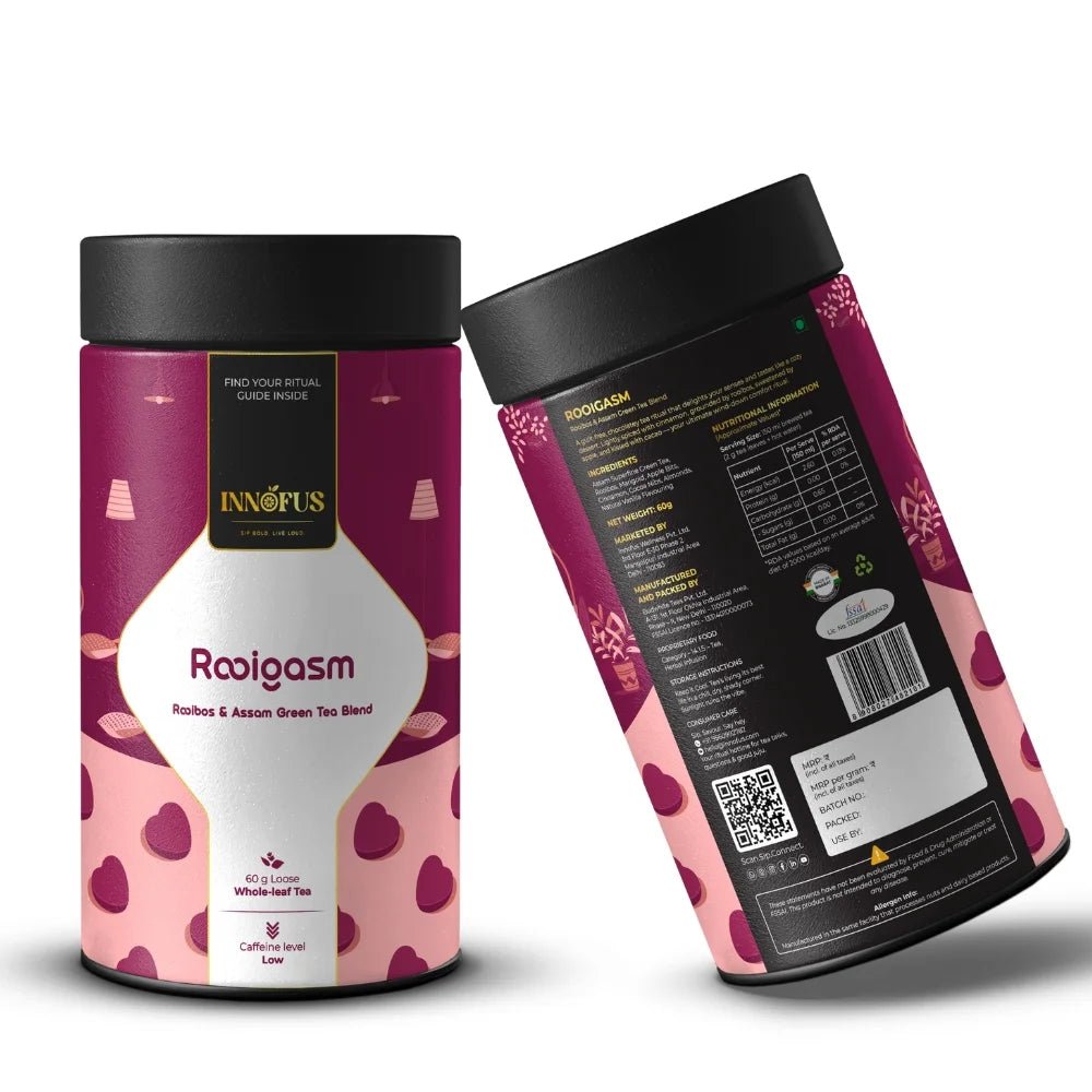 Rooigasm by Innofus, rooibos and Assam green tea blend in loose leaf airtight tins showing front and back label, nutrition info, sustainability icons, heart pattern packaging.