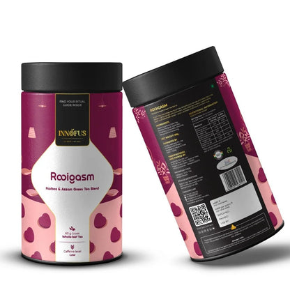 Rooigasm by Innofus, rooibos and Assam green tea blend in loose leaf airtight tins showing front and back label, nutrition info, sustainability icons, heart pattern packaging.