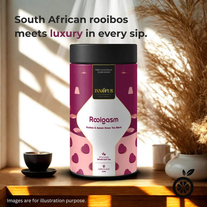 Rooigasm by Innofus, rooibos and Assam green tea blend in airtight tin, peak freshness, planet-friendly, blocks light, reusable packaging, protects whole leaves, teacup and white background