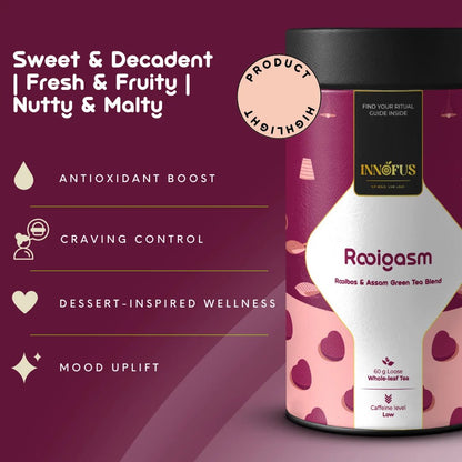 Rooigasm tea blend by Innofus, sweet decadent fresh fruity nutty malty flavor, antioxidant boost, craving control, dessert-inspired wellness, mood uplift in low caffeine loose leaf tea.