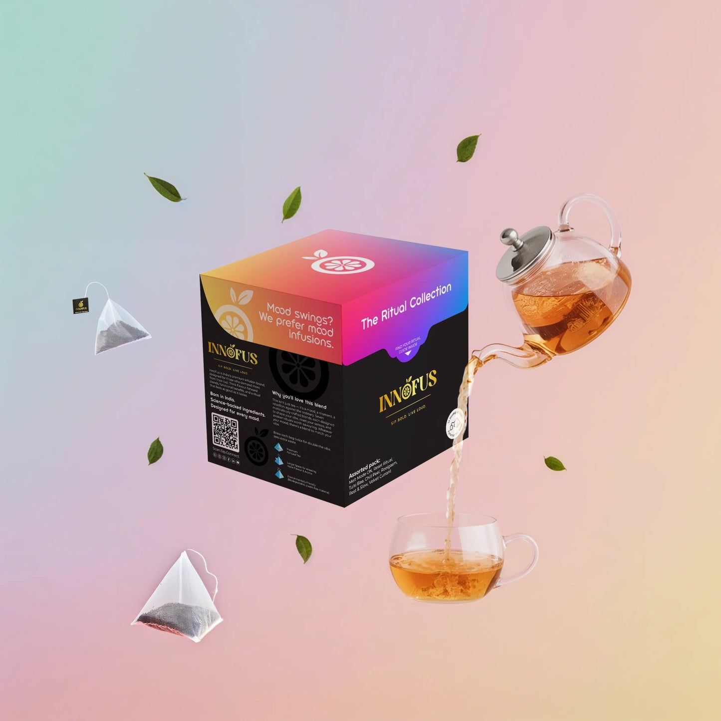 The Ritual Collection by Innofus, premium tea bag selection box with pyramid tea bags, clear teapot pouring tea into a cup, floating leaves, pastel background, wellness infusions.
