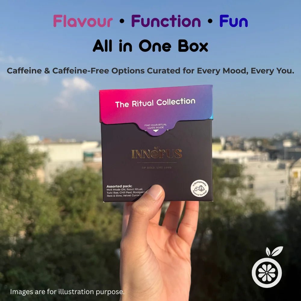 The Ritual Collection by Innofus, hand holding assorted tea bag gift box, flavor, function, fun, all-in-one caffeine and caffeine-free options, city background and sky, curated wellness teas.