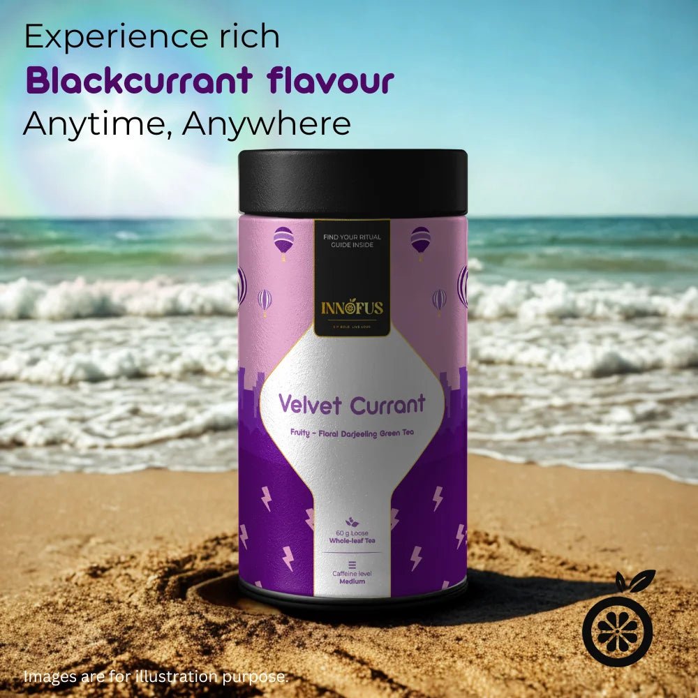 Velvet Currant green tea tin, airtight packaging for freshness, fruity floral Darjeeling blend, by Innofus, planet-friendly, cold brew.