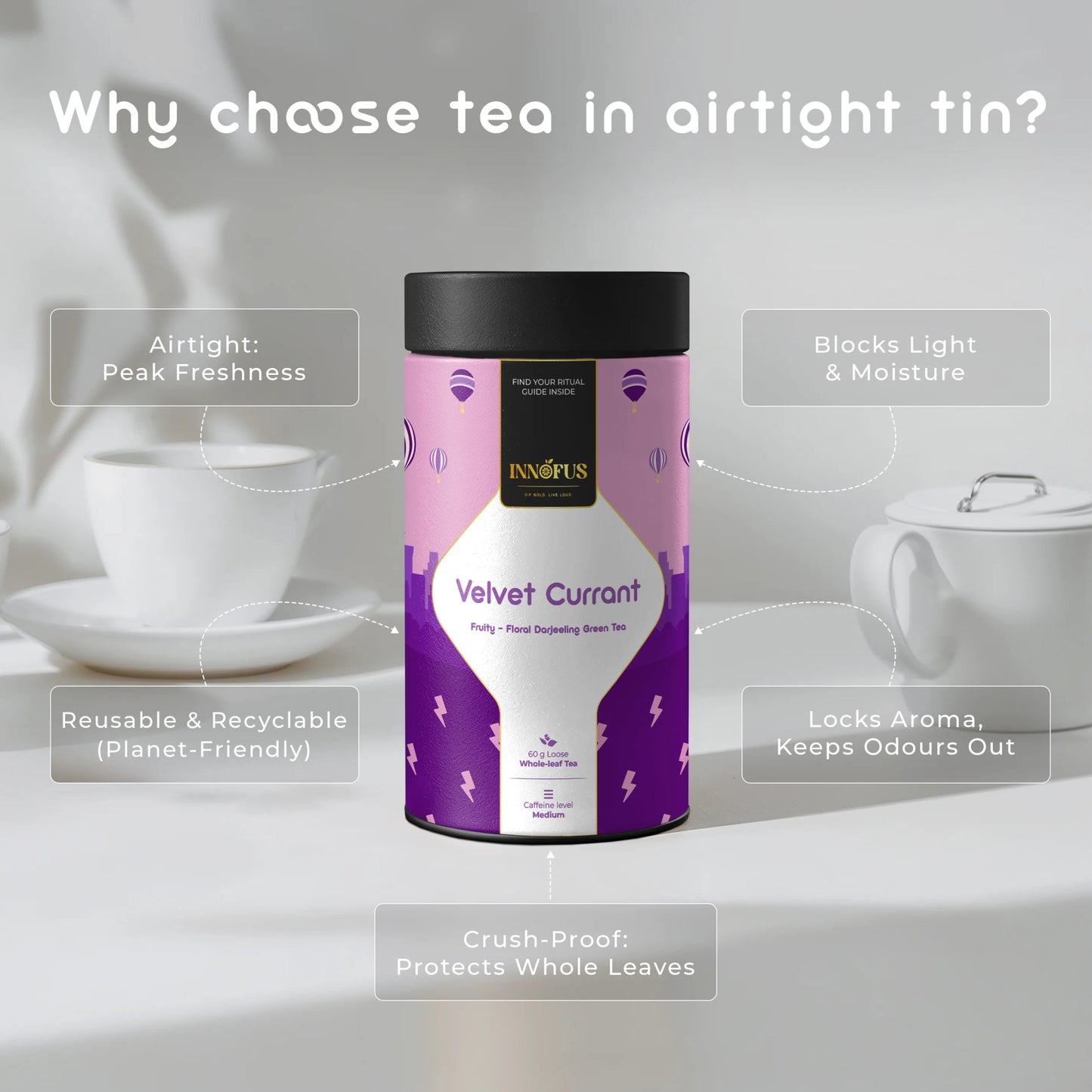 Velvet Currant Darjeeling green tea in airtight tin by Innofus – fruity floral blend with blackcurrant, cold brew, reusable packaging, peak freshness