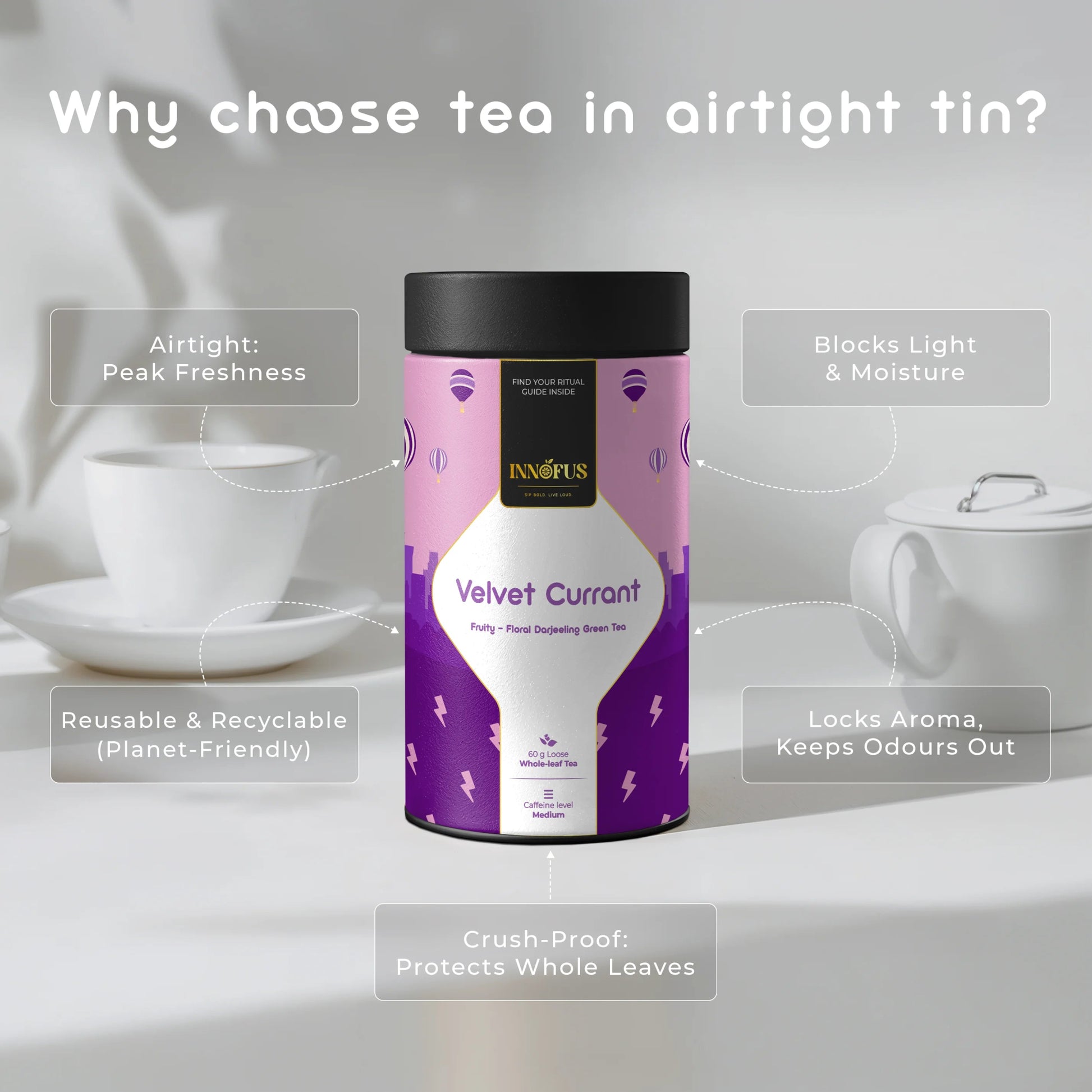 Velvet Currant Darjeeling green tea in airtight tin by Innofus – fruity floral blend with blackcurrant, cold brew, reusable packaging, peak freshness