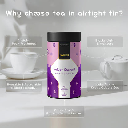 Velvet Currant Darjeeling green tea in airtight tin by Innofus – fruity floral blend with blackcurrant, cold brew, reusable packaging, peak freshness