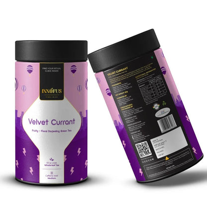 Velvet Currant green tea tin, airtight packaging for freshness, fruity floral Darjeeling blend, by Innofus, planet-friendly, cold brew.