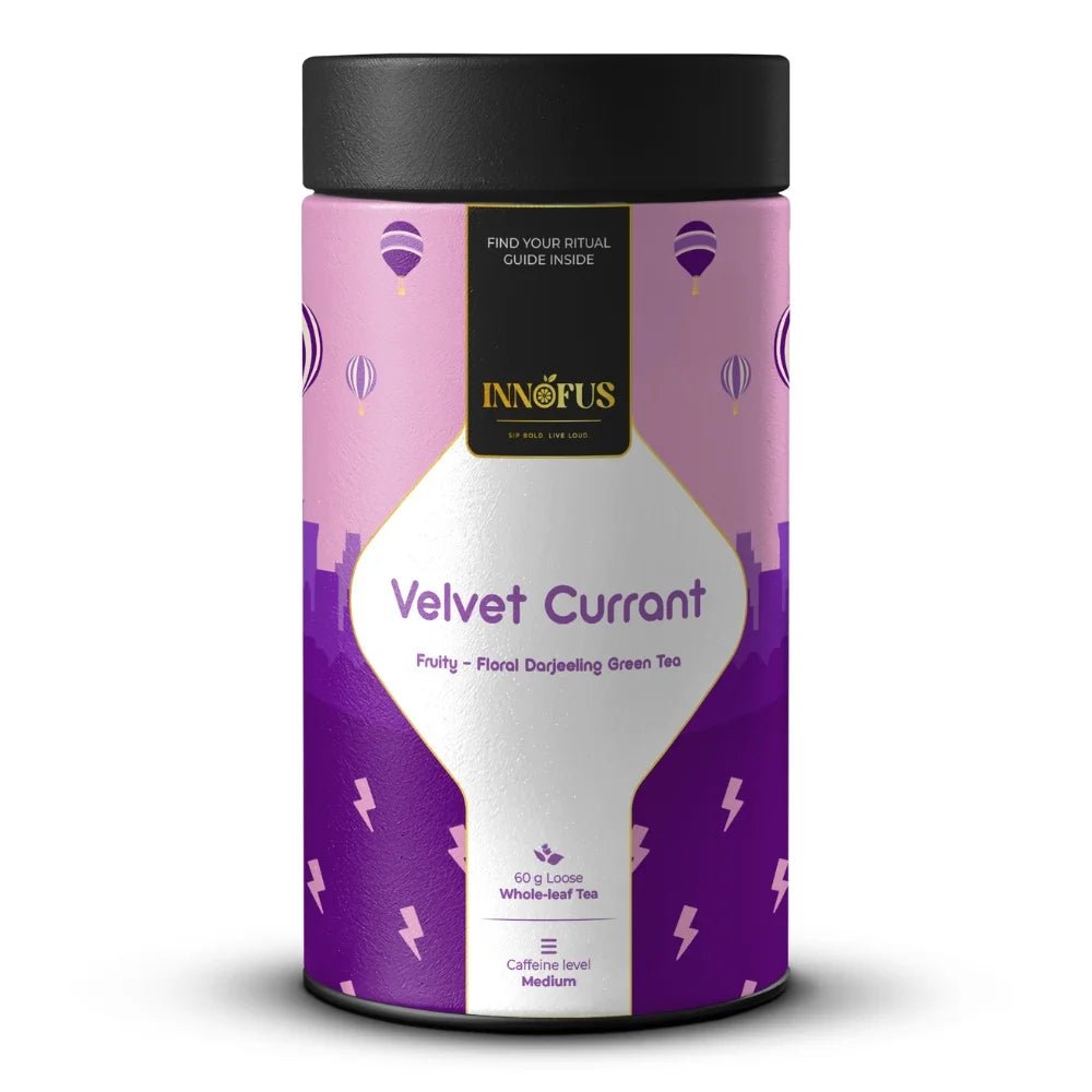 Velvet Currant green tea tin, airtight packaging for freshness, fruity floral Darjeeling blend, by Innofus, planet-friendly, cold brew.