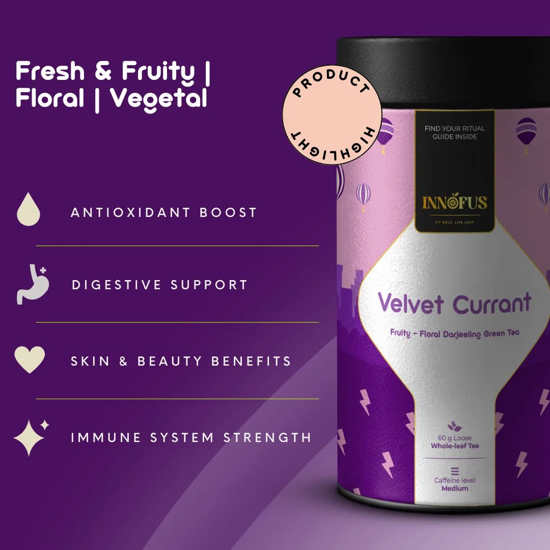 Velvet Currant green tea tin, airtight packaging for freshness, fruity floral Darjeeling blend, by Innofus, planet-friendly, cold brew.