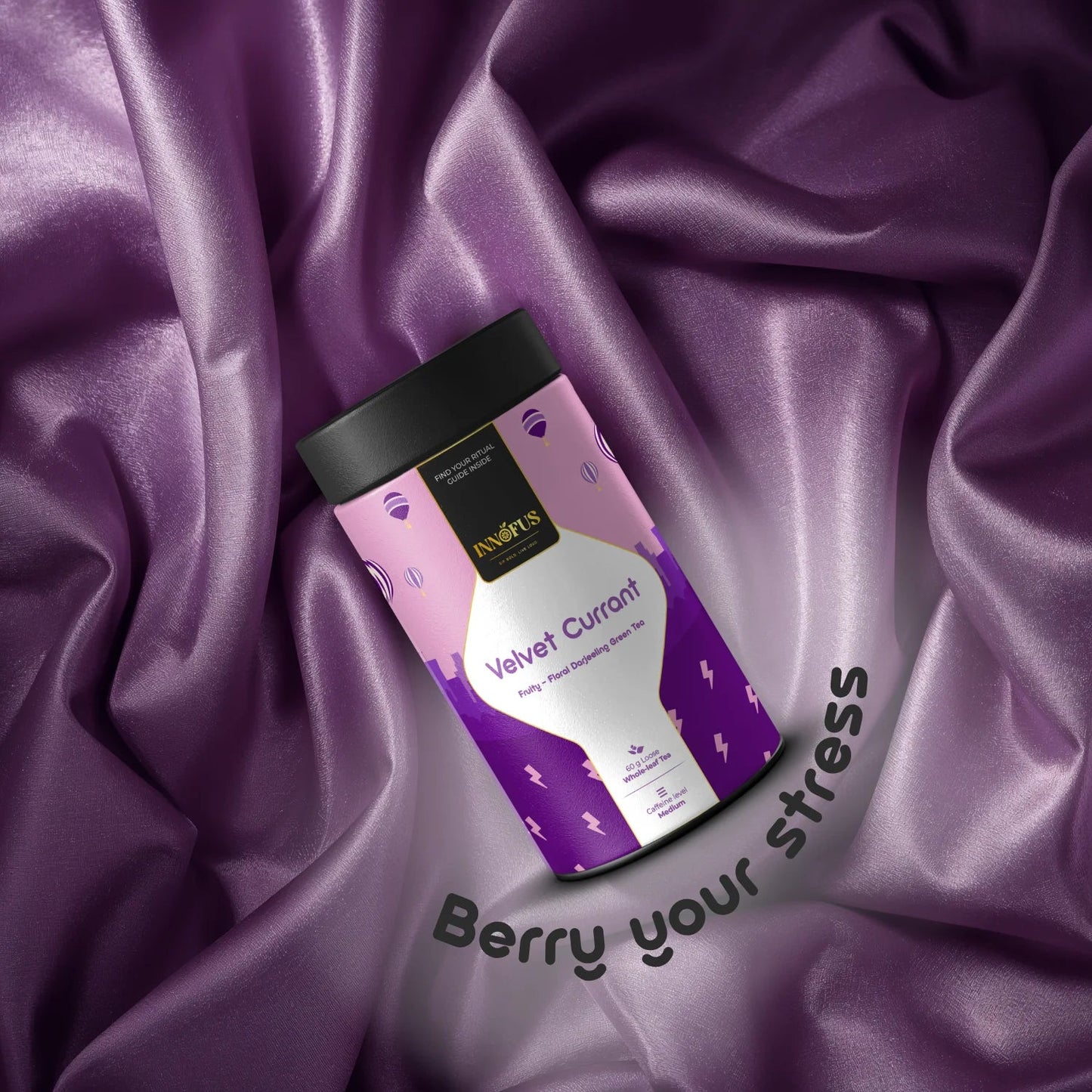 Velvet Currant green tea tin, airtight packaging for freshness, fruity floral Darjeeling blend, by Innofus, planet-friendly, cold brew.