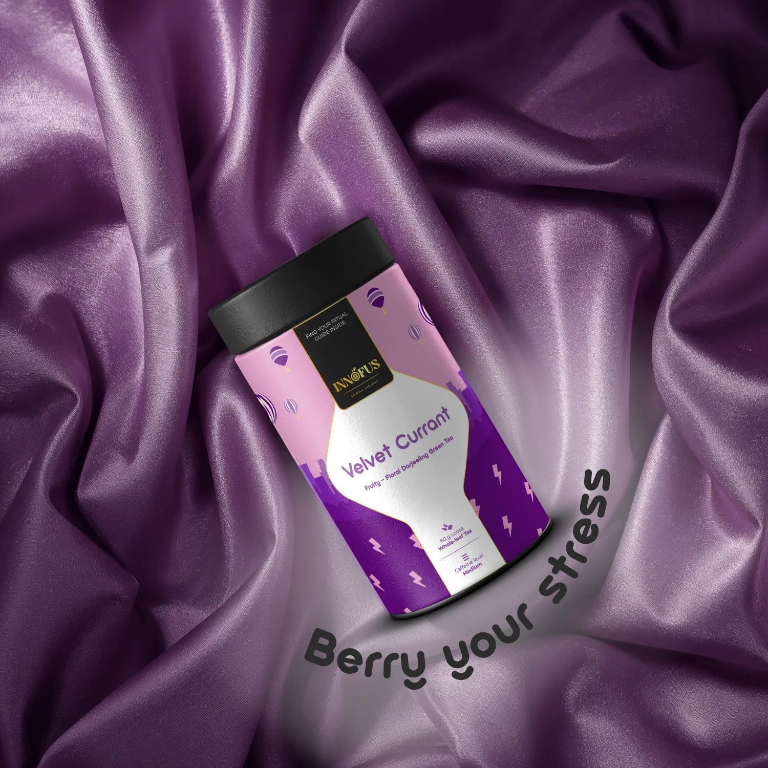 Velvet Currant green tea tin, airtight packaging for freshness, fruity floral Darjeeling blend, by Innofus, planet-friendly, cold brew.