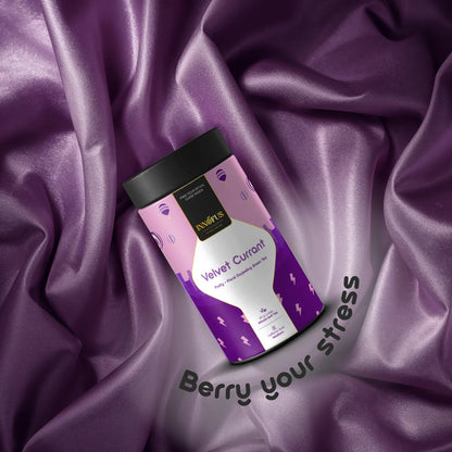 Velvet Currant green tea tin, airtight packaging for freshness, fruity floral Darjeeling blend, by Innofus, planet-friendly, cold brew.